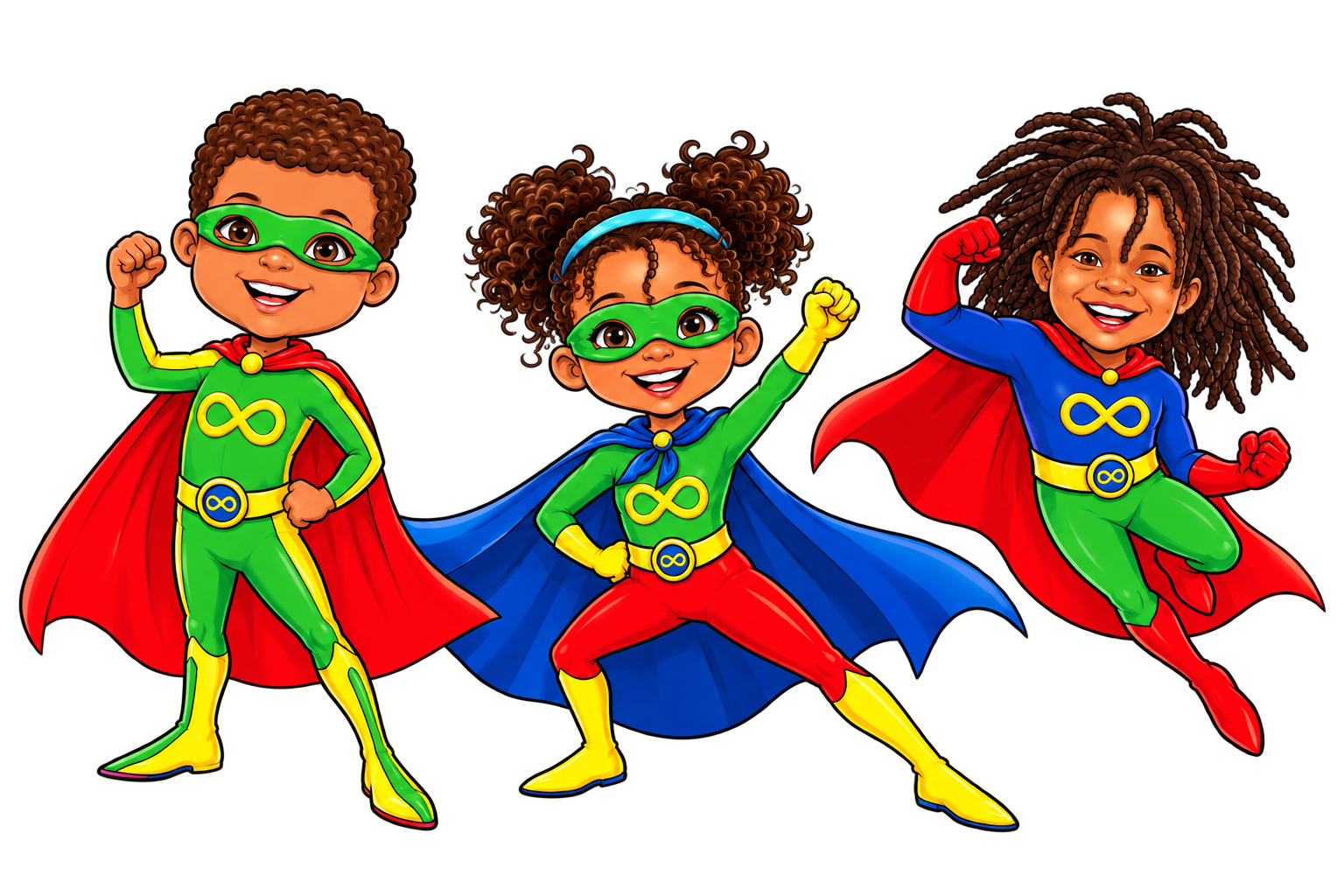 Three original Black child superheroes wearing colorful infinity-symbol uniforms